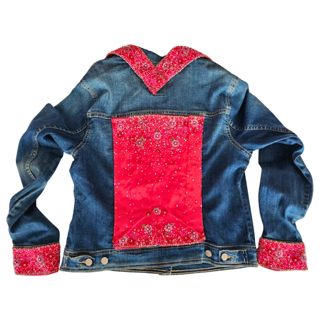 Upcycled Jean Jacket with Artisanal Beaded Flower Accents