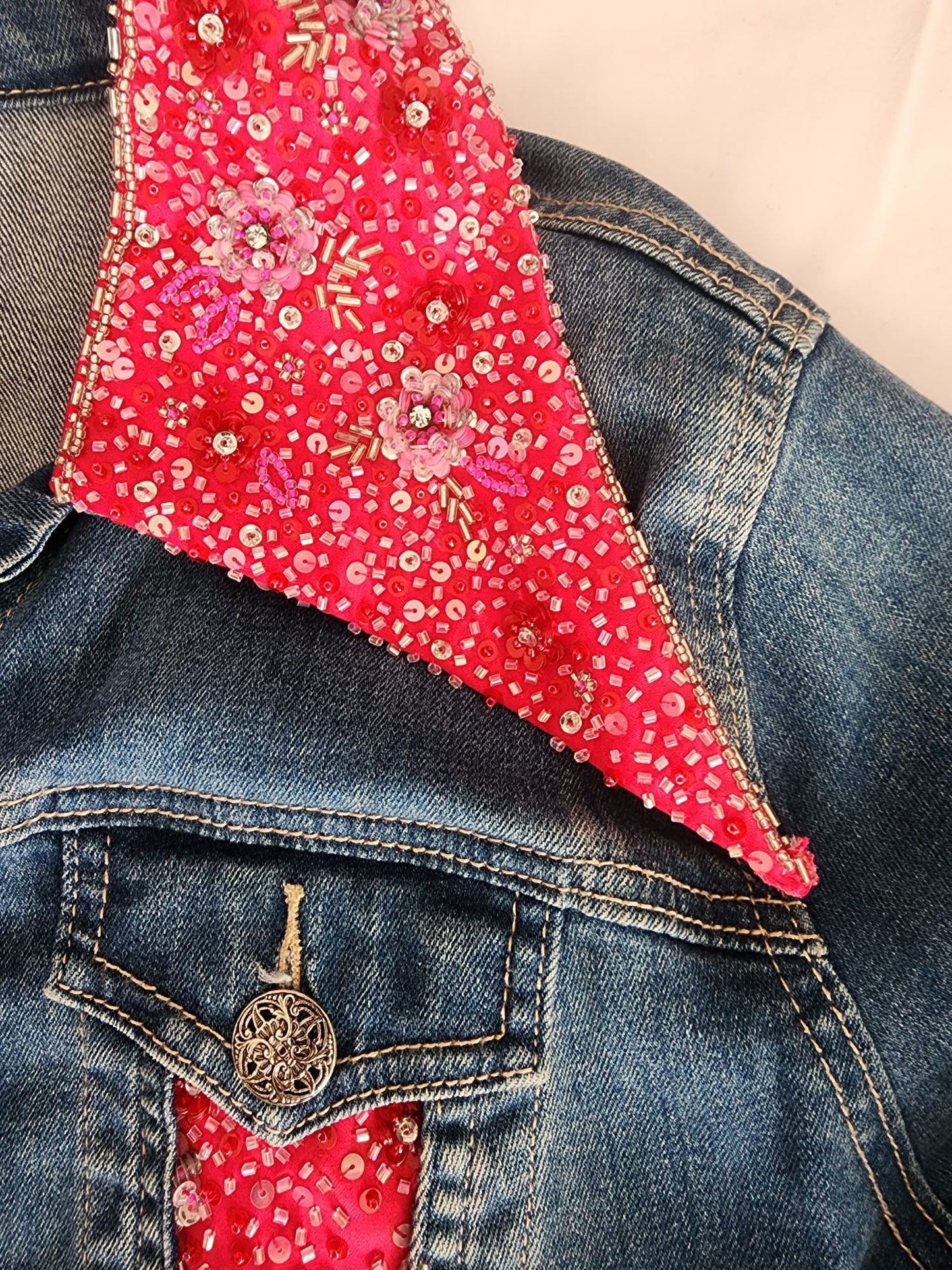 Upcycled Jean Jacket with Artisanal Beaded Flower Accents