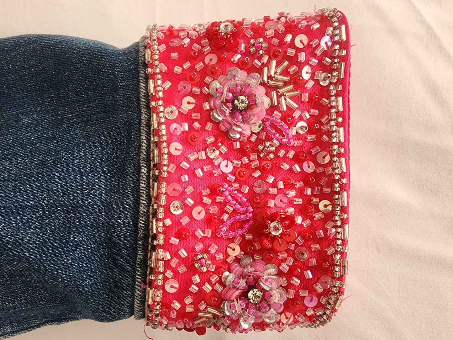 Upcycled Jean Jacket with Artisanal Beaded Flower Accents