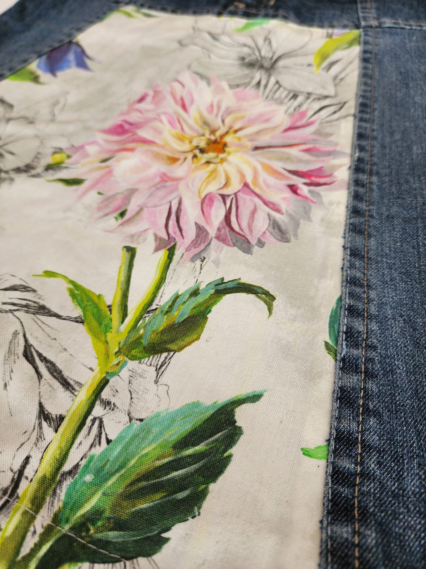 Upcycled Denim Skirt with Flower Print