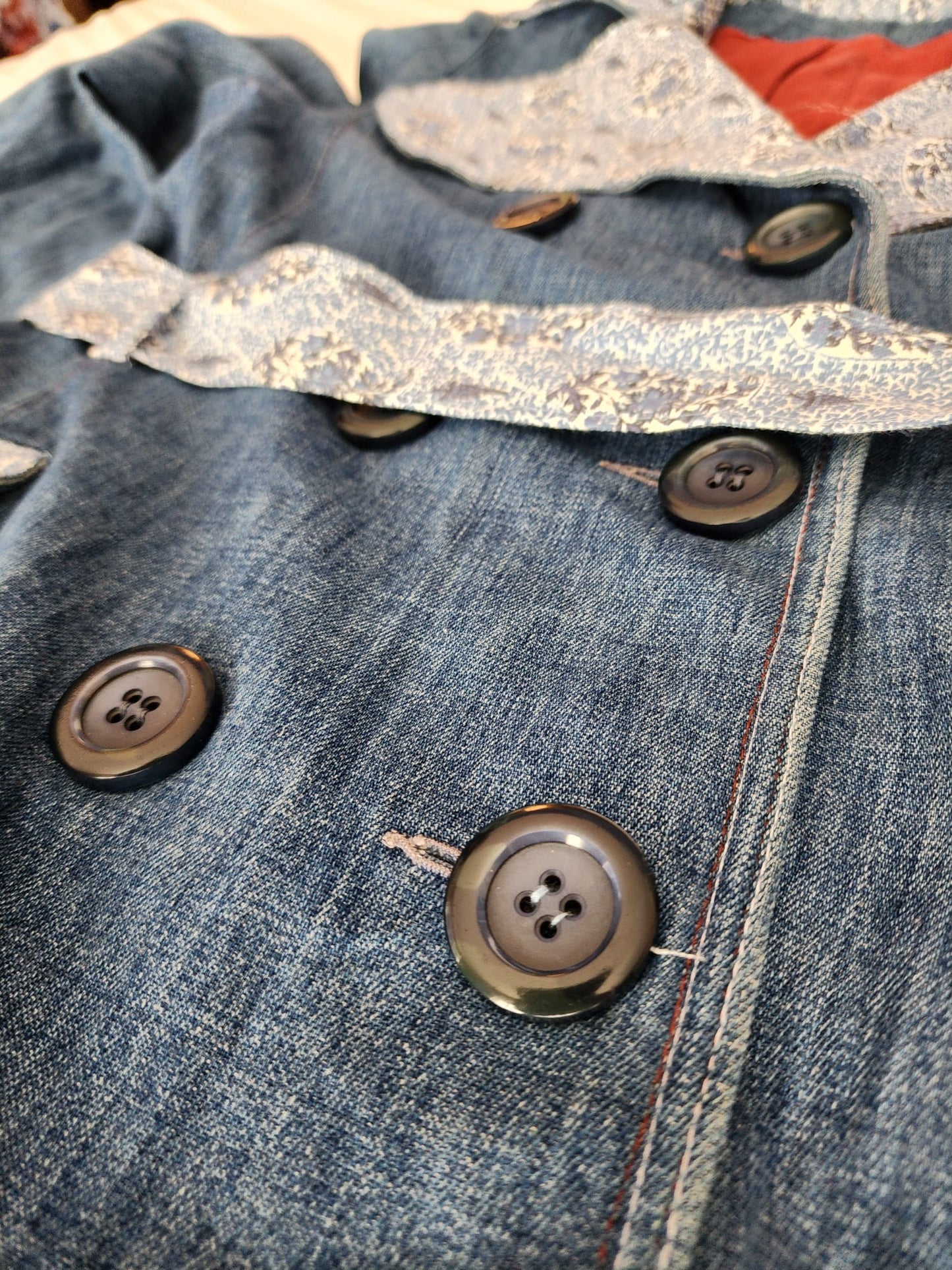 Long Denim Upcycled Trench with Adorned Waist Belt