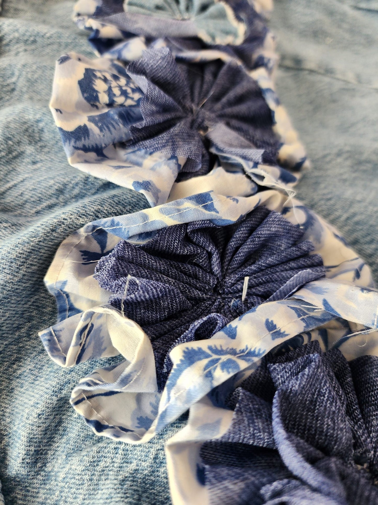 Blue Jean Skirt with Handmade Flower Adornment