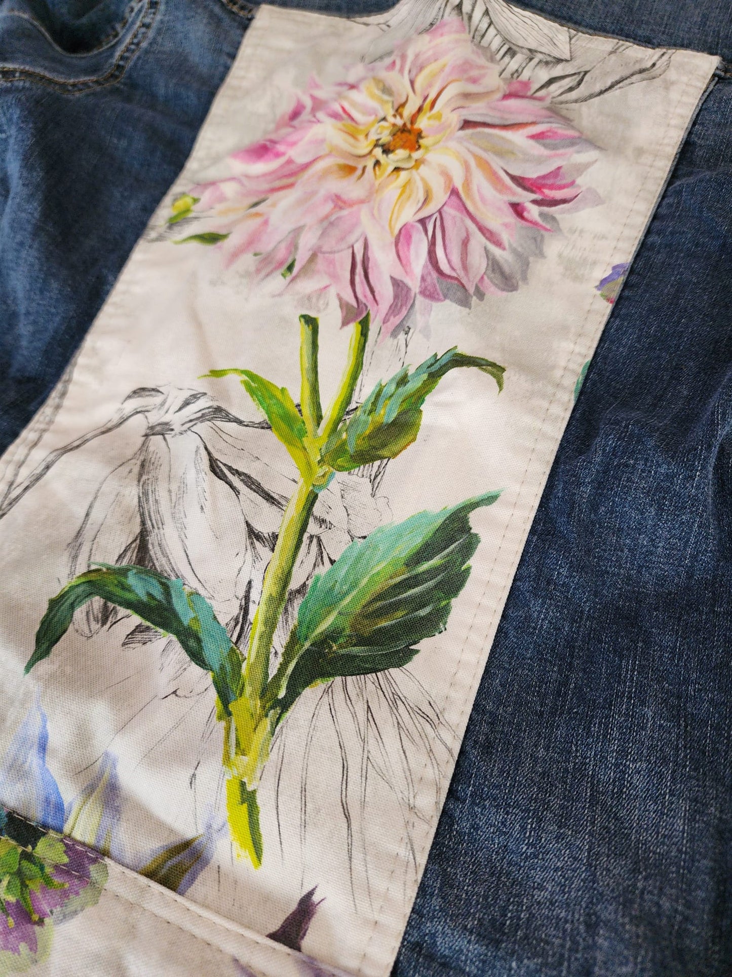 Upcycled Denim Jacket with Flower Print