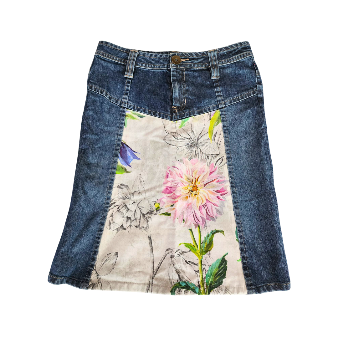 Upcycled Denim Skirt with Flower Print