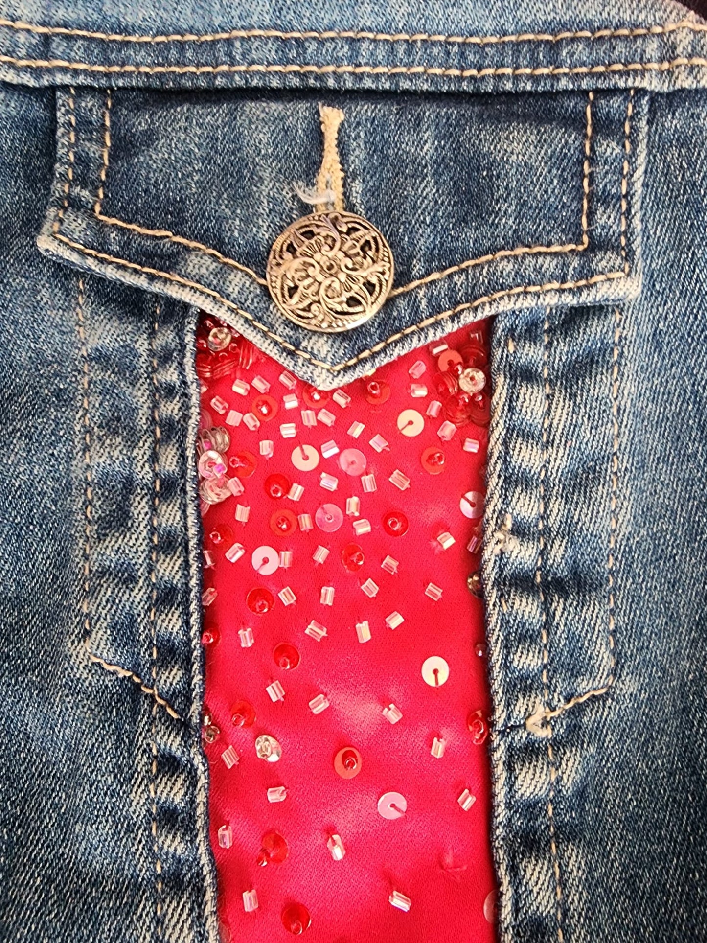 Upcycled Jean Jacket with Artisanal Beaded Flower Accents