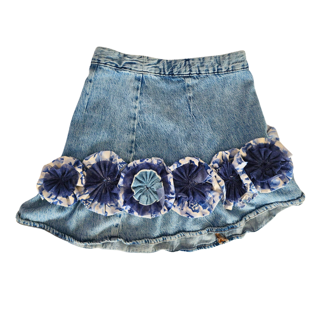 Blue Jean Skirt with Handmade Flower Adornment