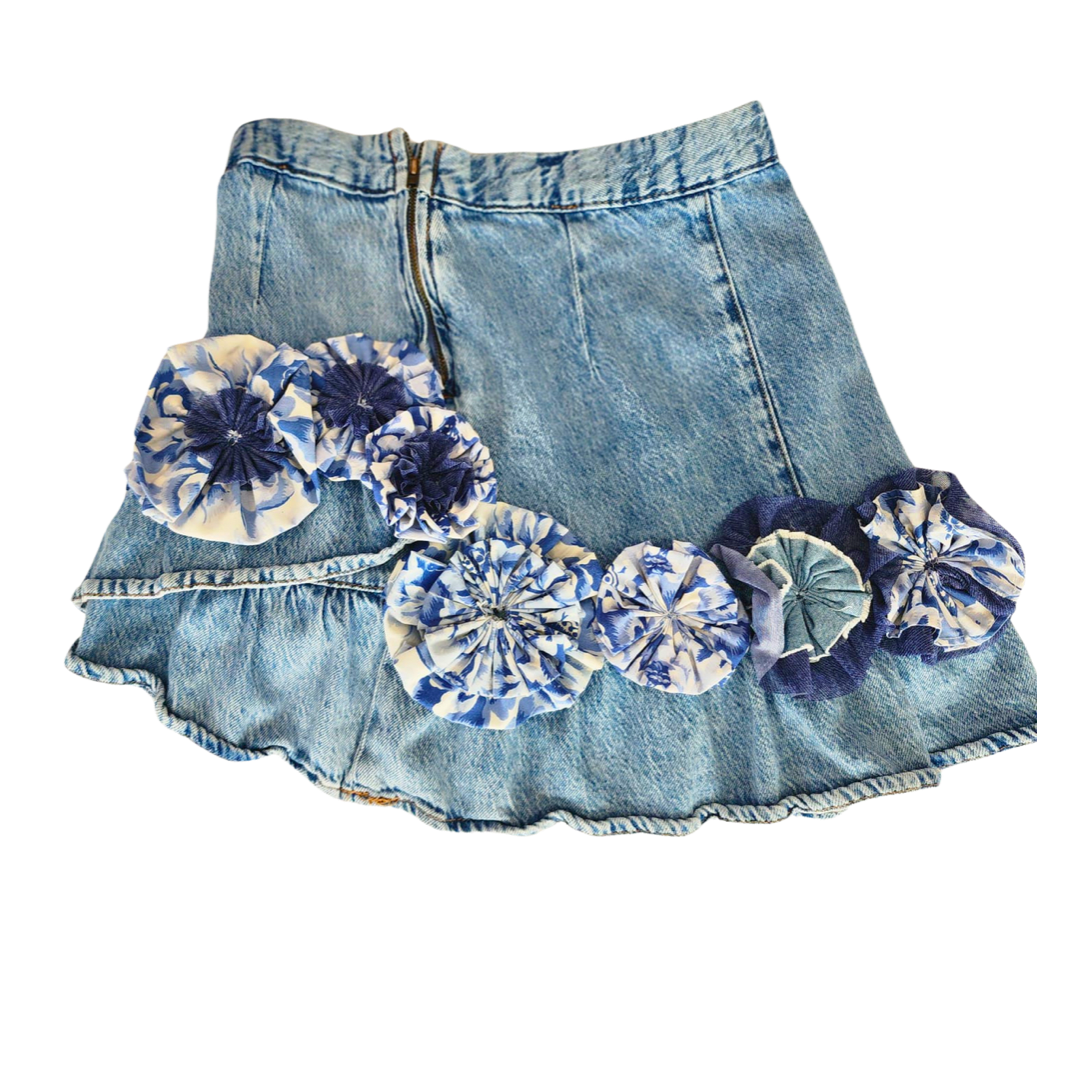 Blue Jean Skirt with Handmade Flower Adornment