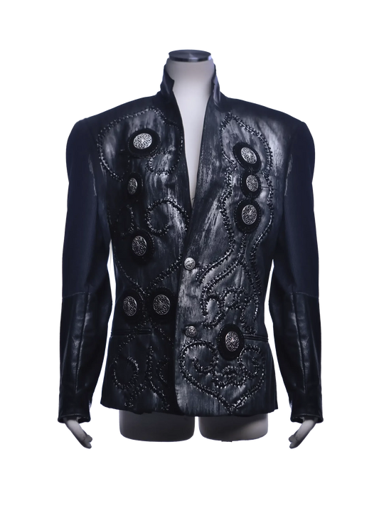 Artisan Hand-Painted Silver Toned Jacket With Vintage Medallion – Unique Statement Piece