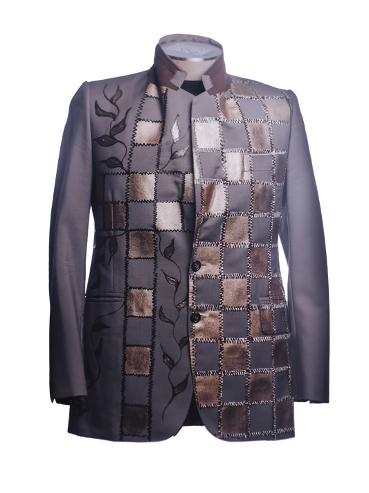 Copper-Toned Floral Squares Hand-Painted Cotton Jacket