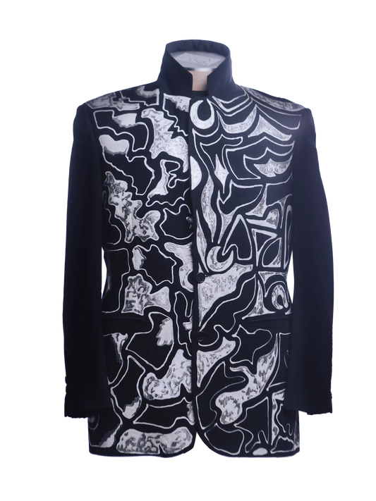 Artistic Hand-Painted Cotton Jacket With White Motifs