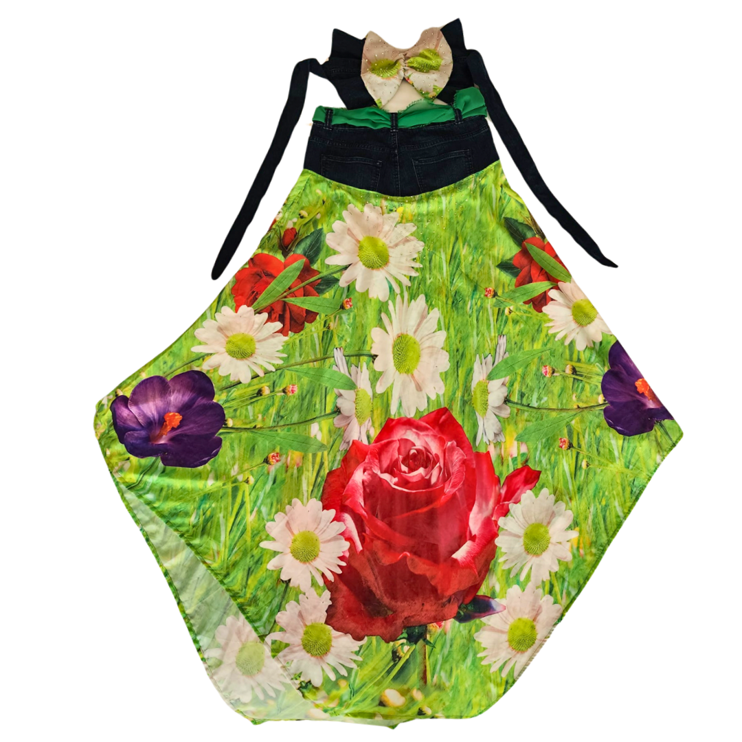 Flower Dress with Jean Pocket & Bow Top