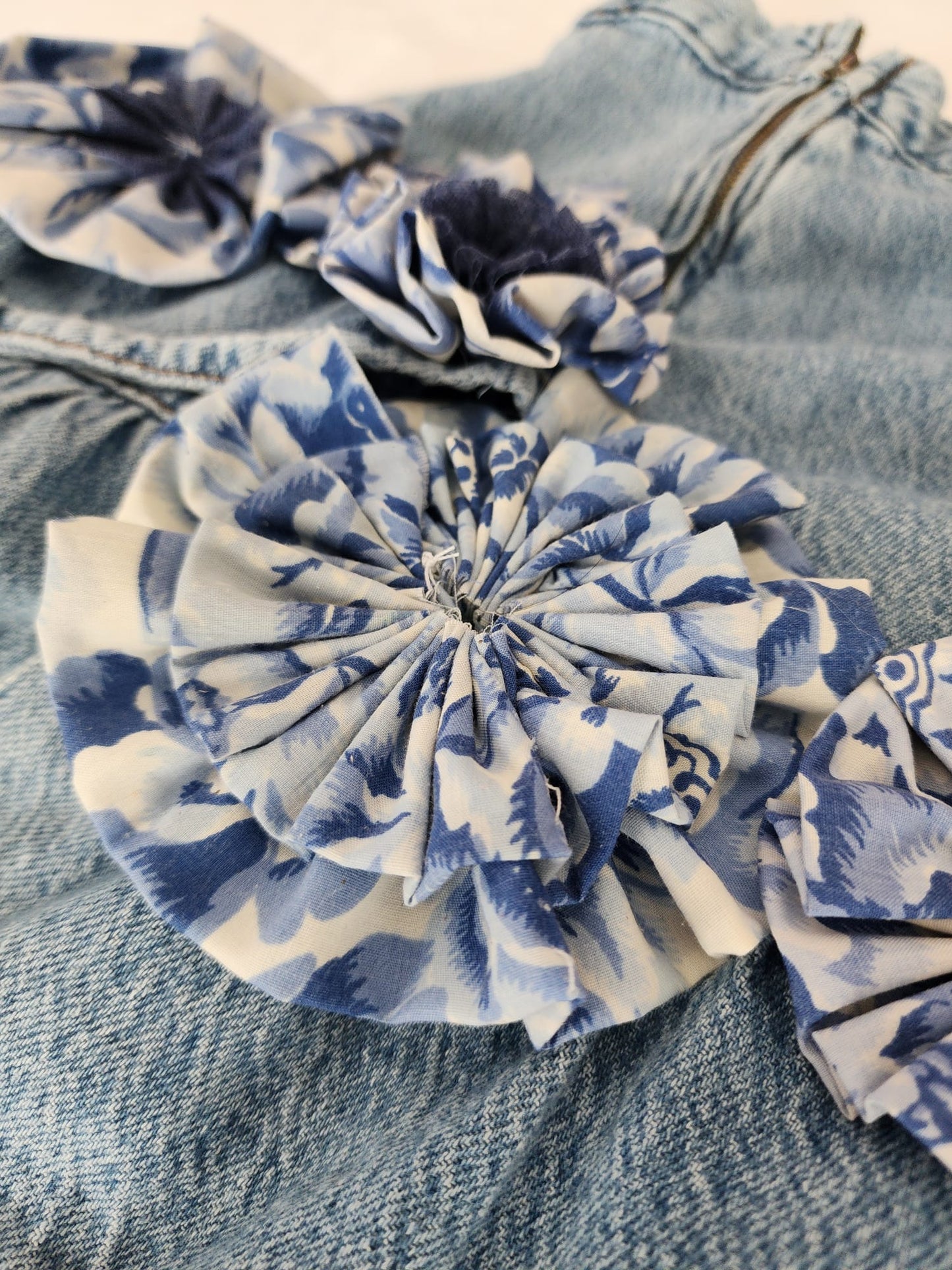 Blue Jean Skirt with Handmade Flower Adornment