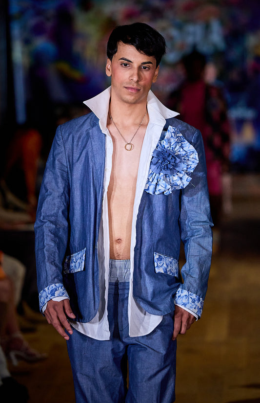 Blue Flower Jacket with Handmade Ornate Chest Piece