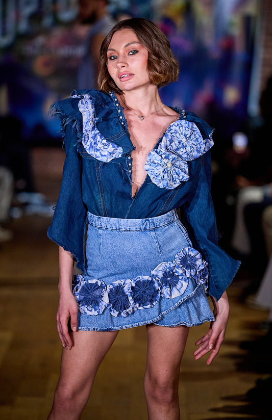 Blue Jean Skirt with Handmade Flower Adornment