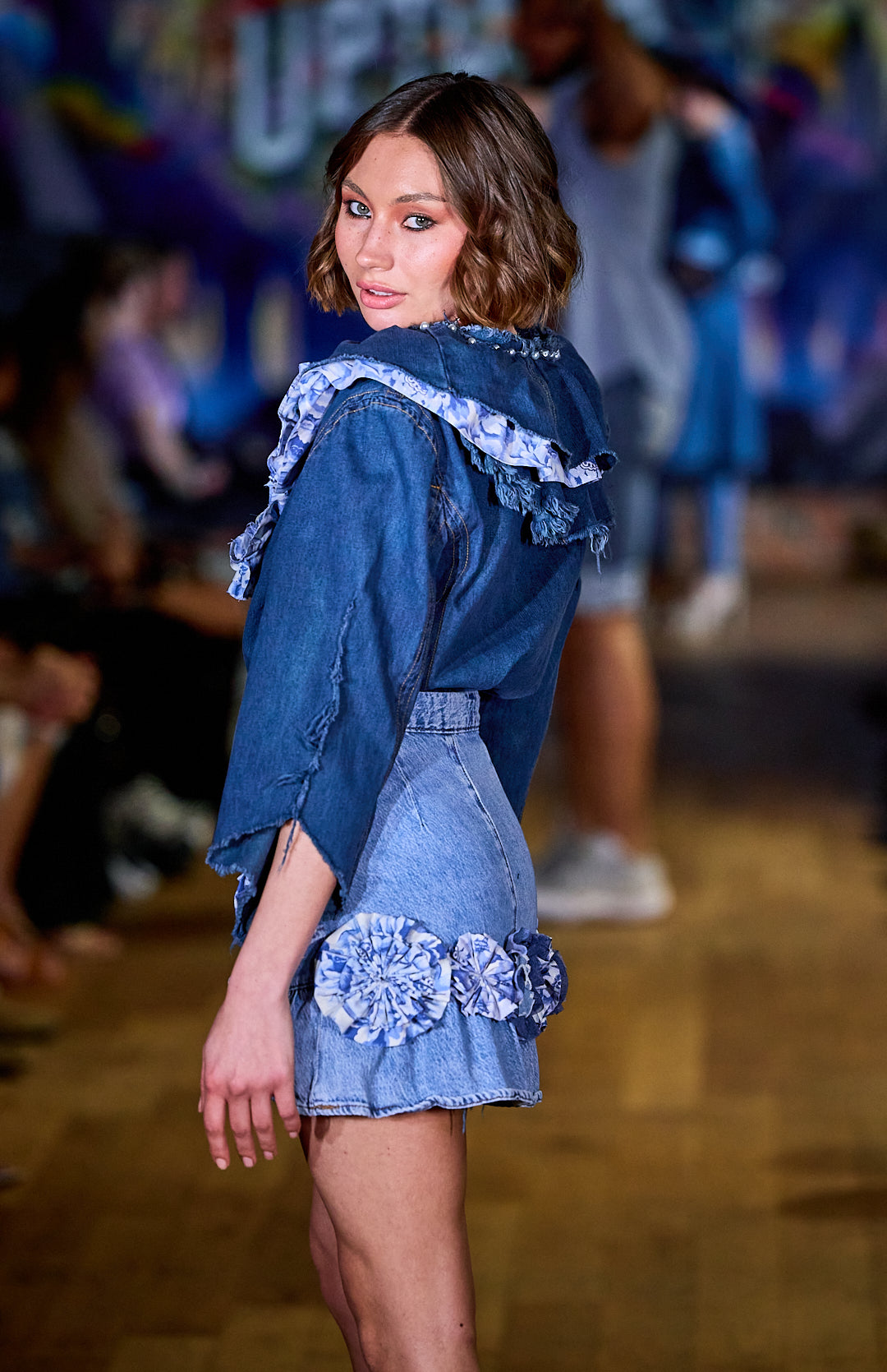 Blue Jean Skirt with Handmade Flower Adornment