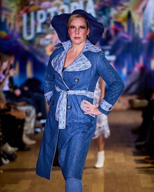 Long Denim Upcycled Trench with Adorned Waist Belt